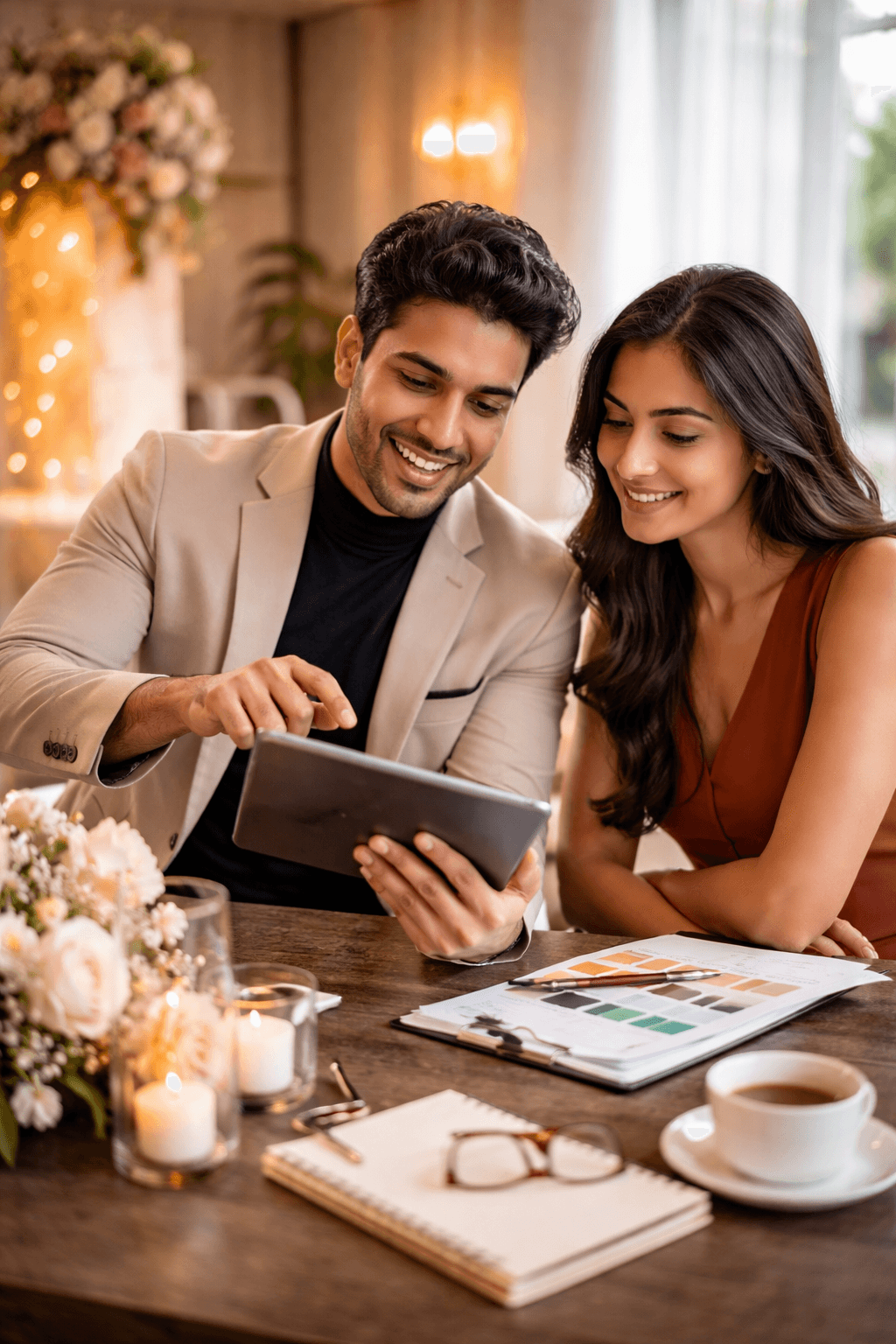 Professional event planner and client collaborating on a tablet
