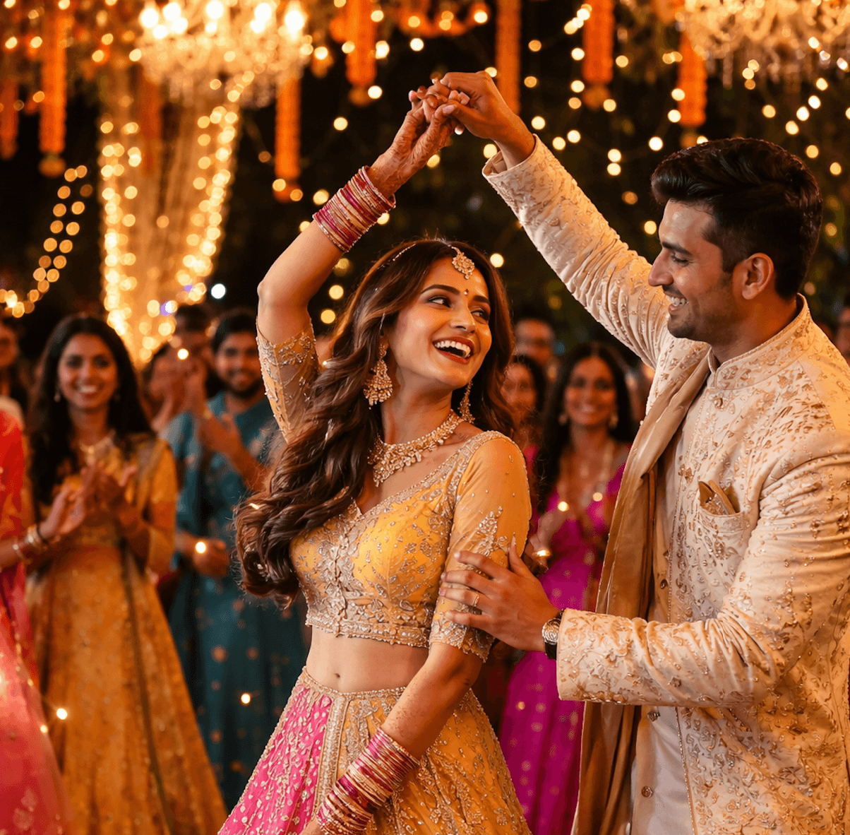 Vibrant Sangeet celebration with crowd dancing