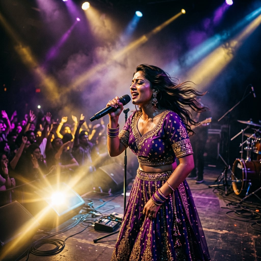 Solo performer singing passionately on stage