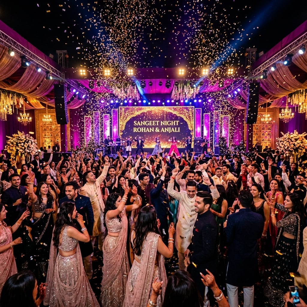 Vibrant Sangeet celebration with crowd dancing and confetti