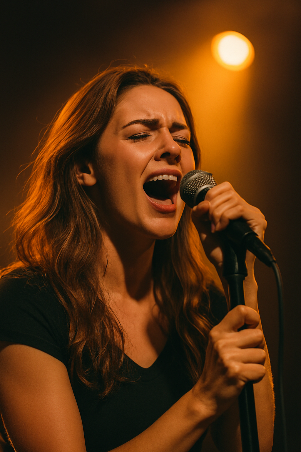 Singer on stage with microphone