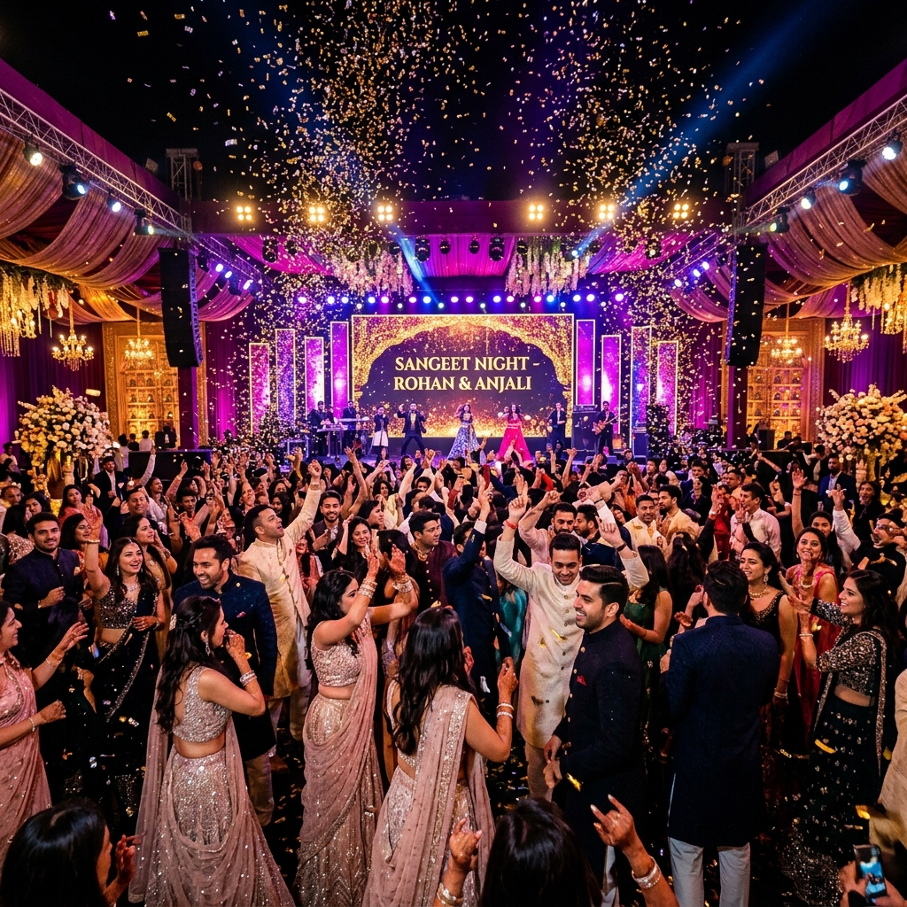 Vibrant Sangeet celebration with crowd dancing and confetti